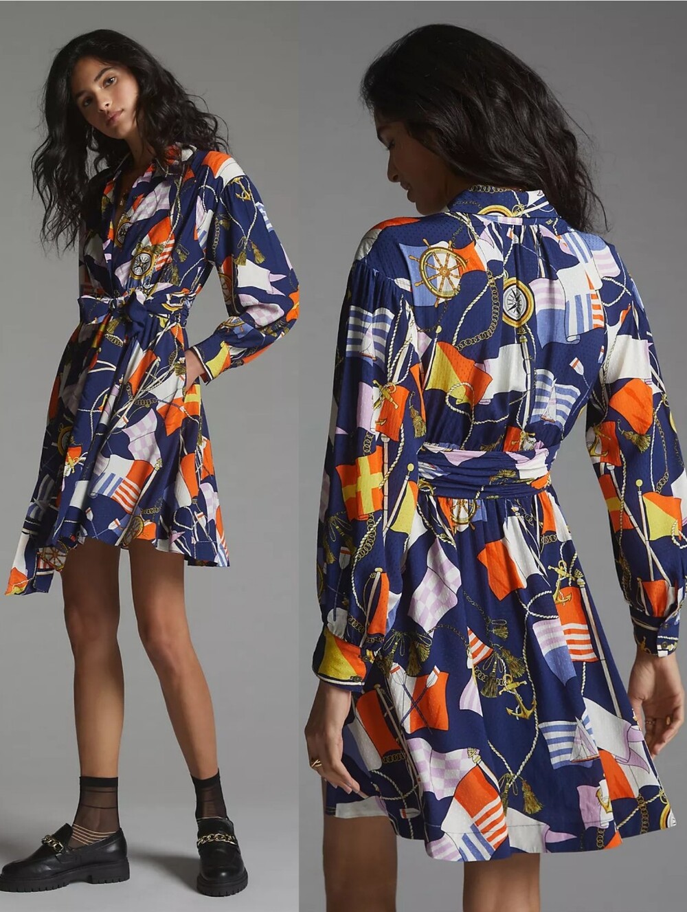 Anthropologie Maeve Shirt Dress Nautical Print with Tie Waist Size Medium